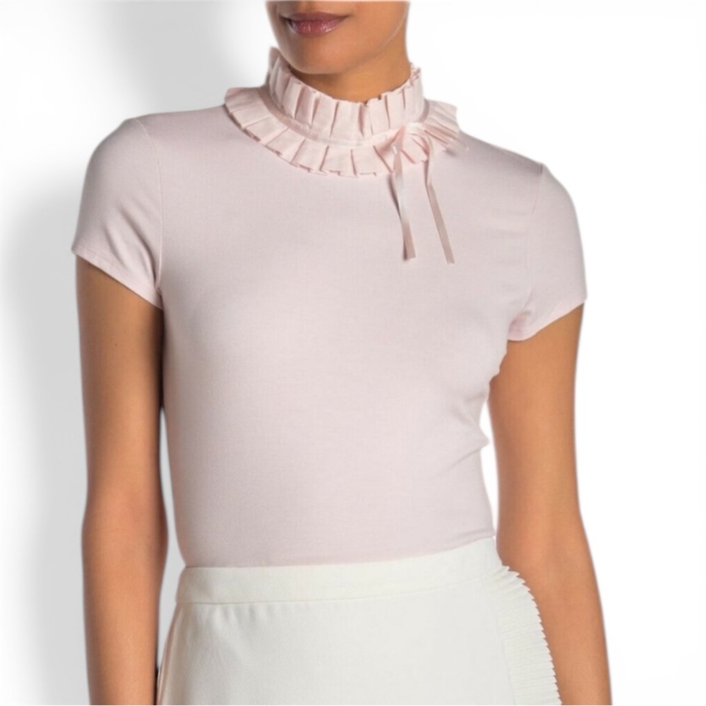 EUC Ted Baker Pink Ruffle Neck Tie Blouse Top Size 5 (XL) Mock Neck Short Sleeve